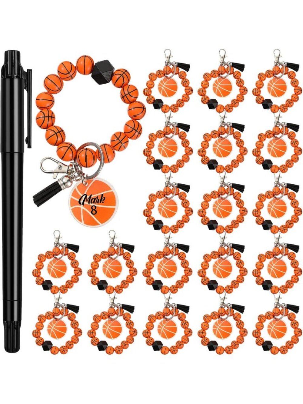 20 Pcs Basketball Keychain Set | Sports Lover Gifts | Wood Bead Charm Bracelets